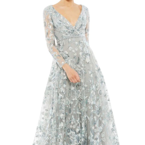 MAC DUGGAL 67869 EMBELLISHED VNECK ILLUSIONS LONG SLEEVE A-LINE PLATINUM GOWN 14 - Picture 1 of 5